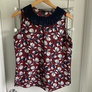 Ann Taylor | Burgundy w/ Navy & White Floral Print & Pleated Neckline Top| Small